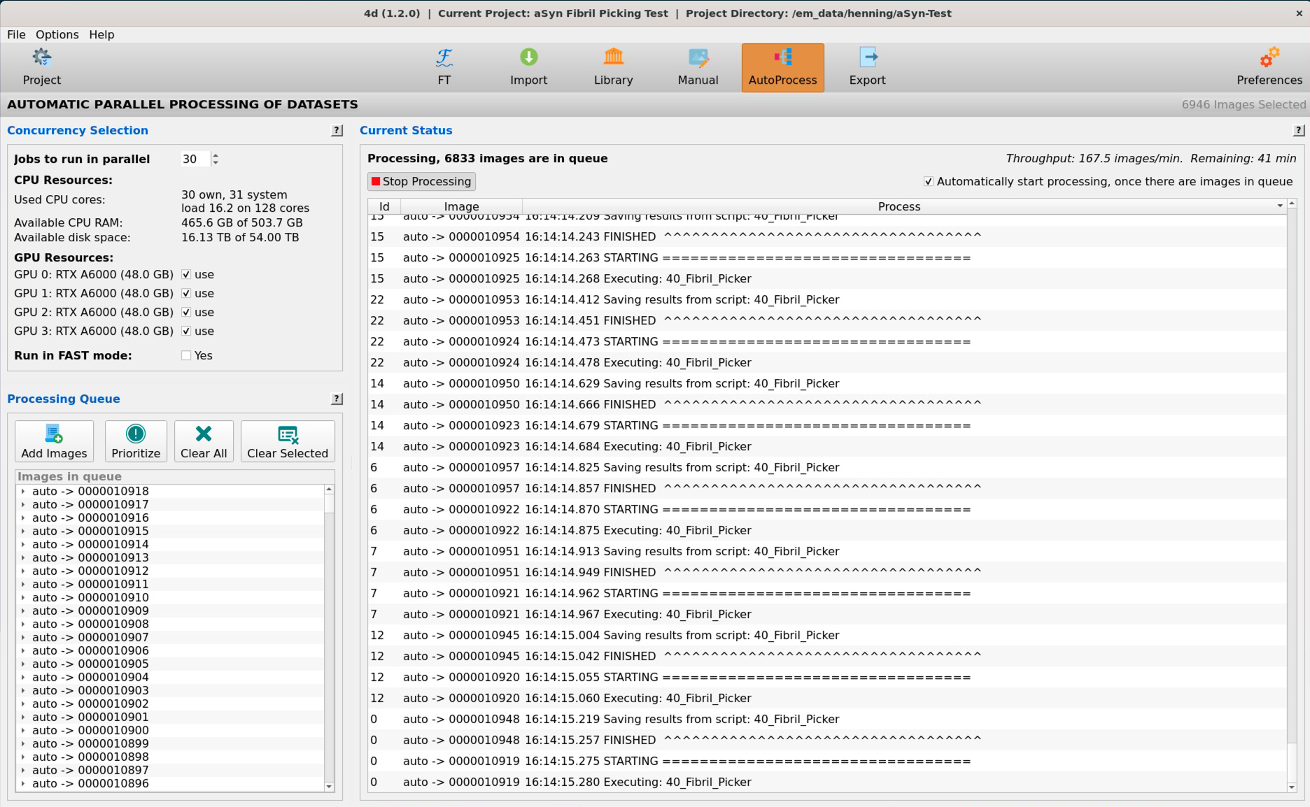 The AutoProcess tab processing a large queue in parallel