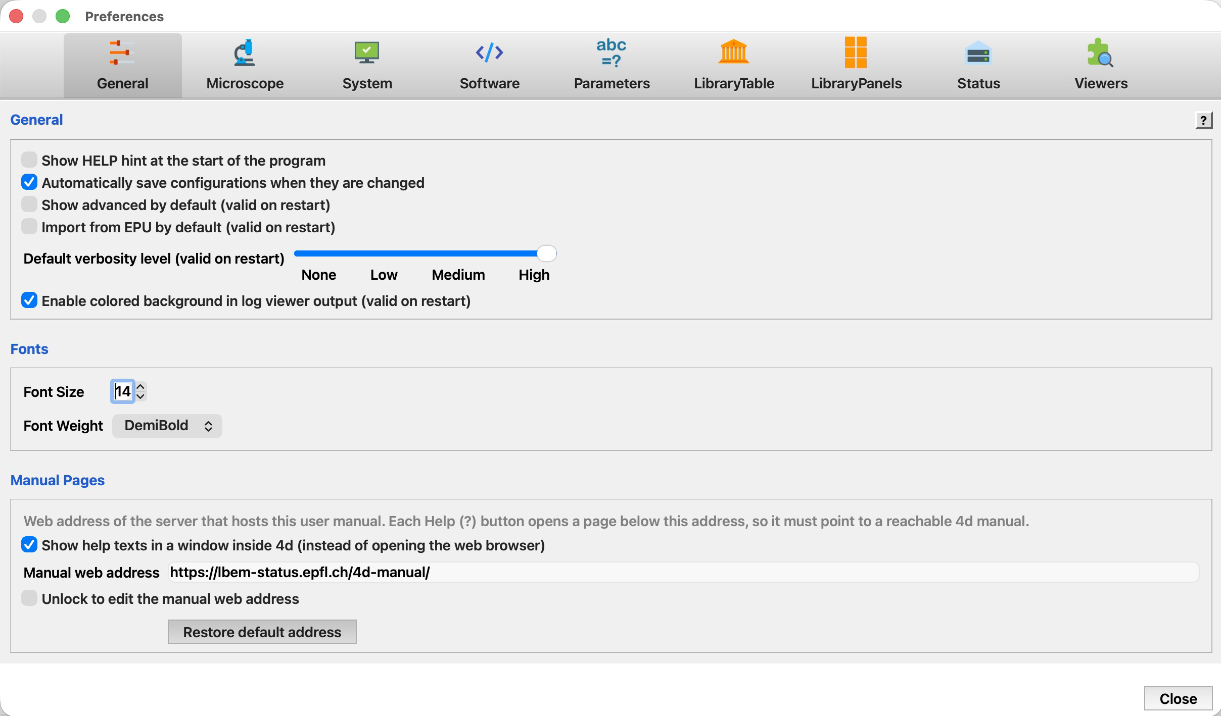 The General preferences page with numbered regions