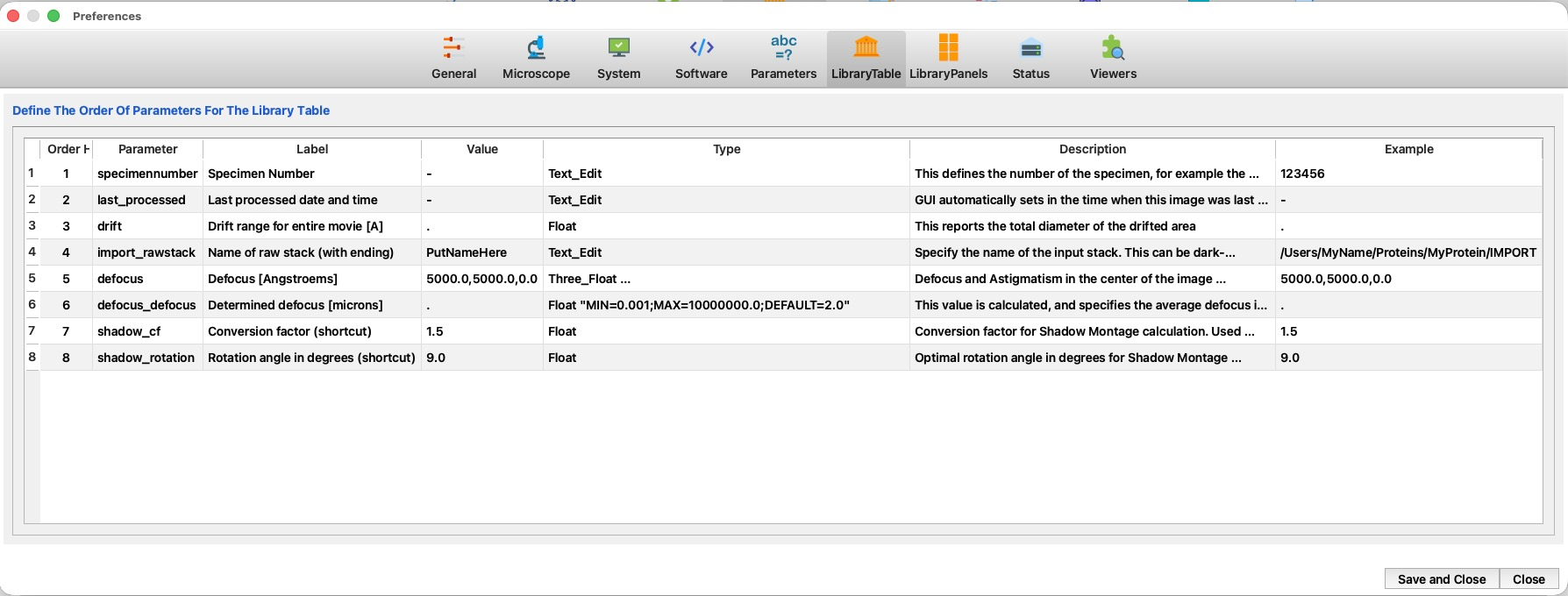 The LibraryTable preferences page with numbered regions