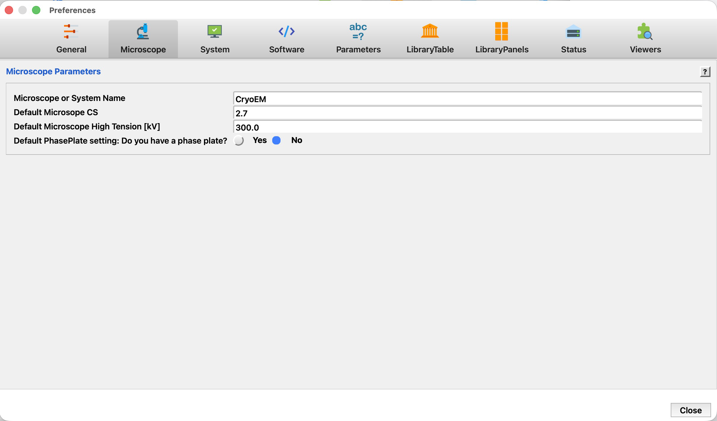 The Microscope preferences page