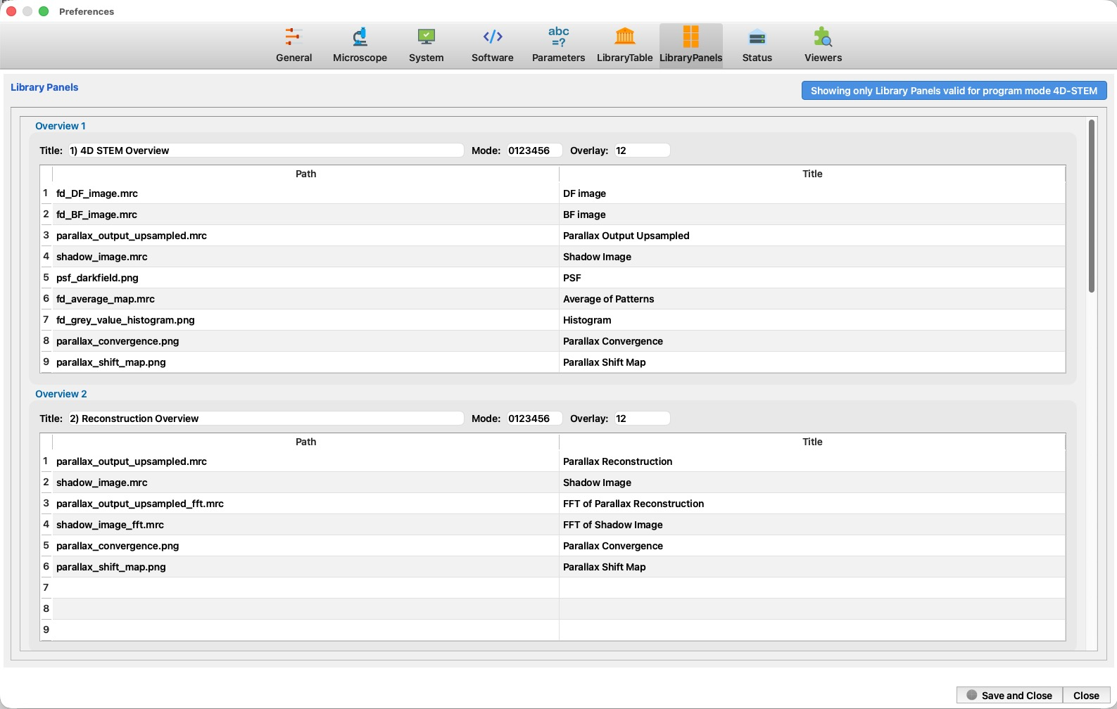 The LibraryPanels preferences page with numbered regions